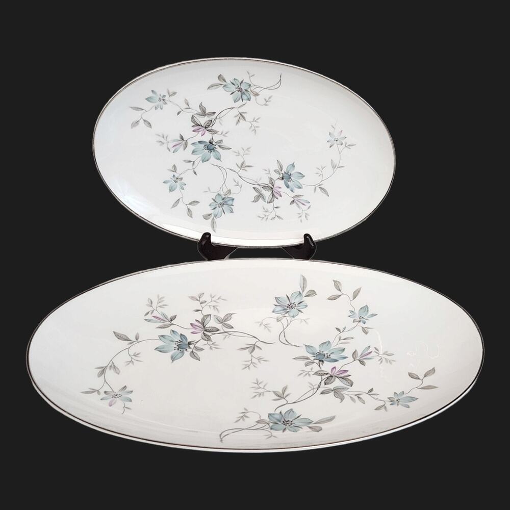 2PC Noritake LORENE 16" & 12" Oval Platter 5764 Blue Gray Floral Silver Trim